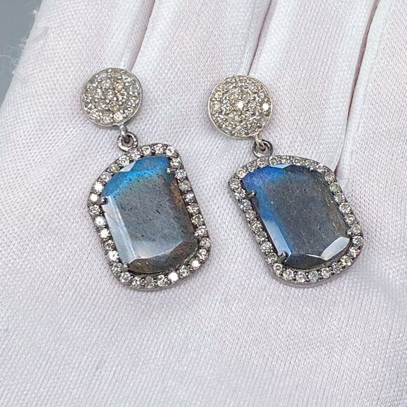 Adornia Fine Black Rhodium Sterling Silver Labradorite Diamond Drop Earrings - Picture 8 of 15